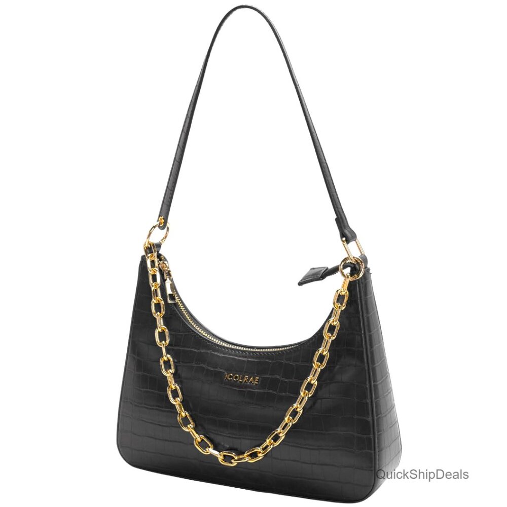 Vegan Leather Crescent Hobo Bag with Chain Strap, Mini Shoulder Purse